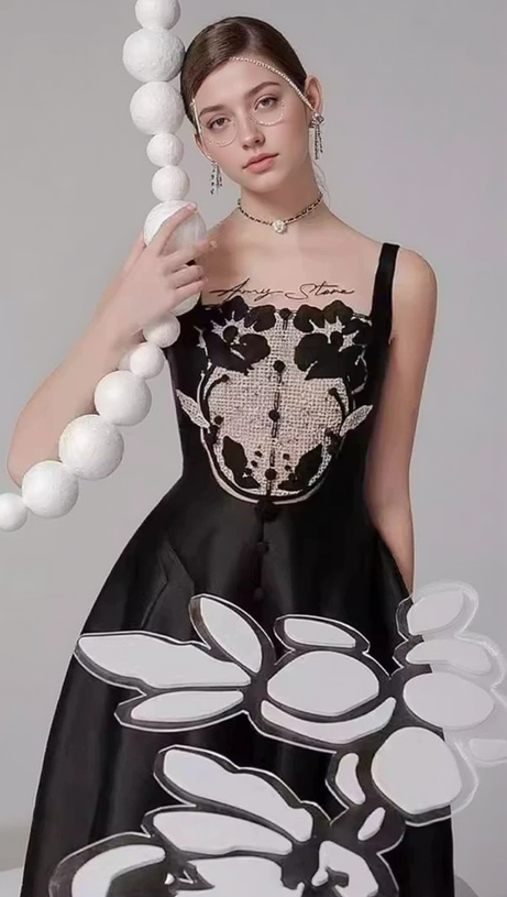 VANESSA EMBROIDERY PATCHWORK MIDI DRESS IN BLACK