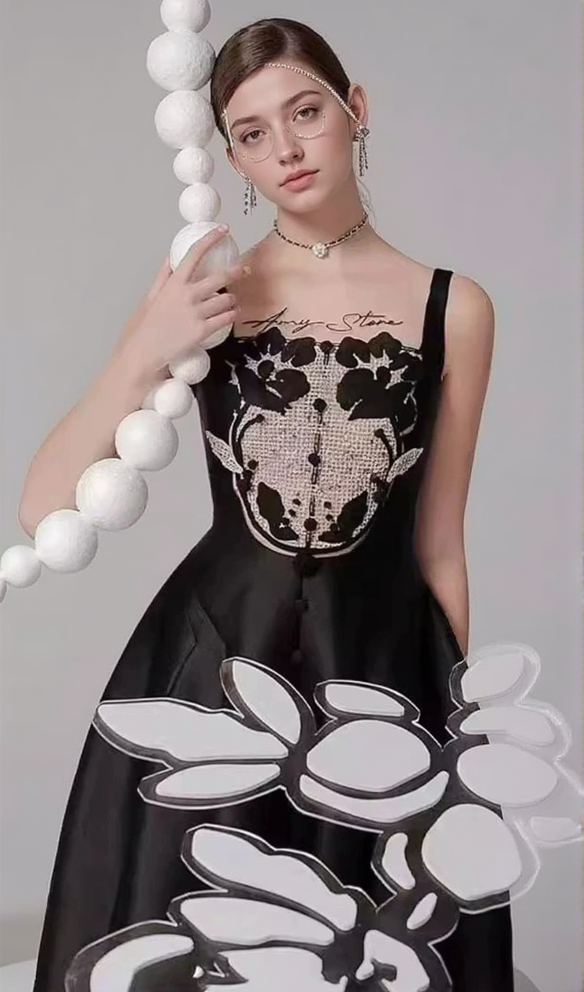 VANESSA EMBROIDERY PATCHWORK MIDI DRESS IN BLACK