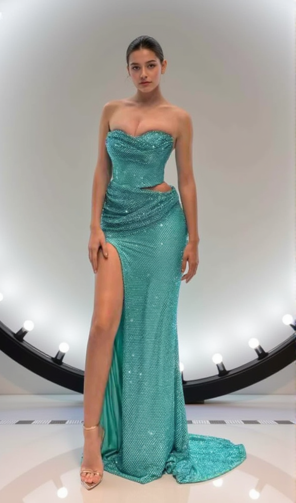 AIIZIE WALLIS EMERALD DIAMONDS LACE-UP TOPS 2 PIECES BODYCON SET - product image