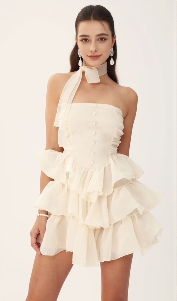 JANICE STRAPLESS RUFFLE MINI CHIFFON DRESS IN BEIGE