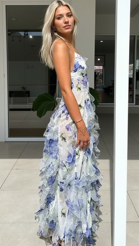 BELINDA BLUE FLORAL VERTICAL RUFFLE TRIM MAXI DRESS