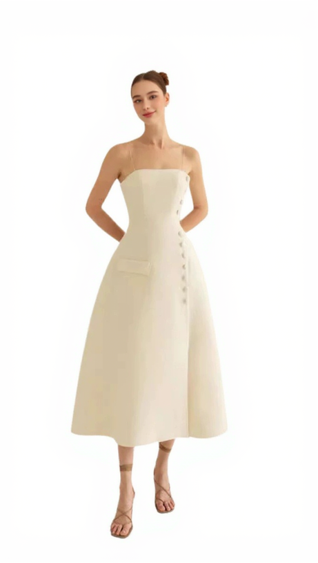 ELIO BUTTON-EMBELLISHED MIDI DRESS IN CREAM