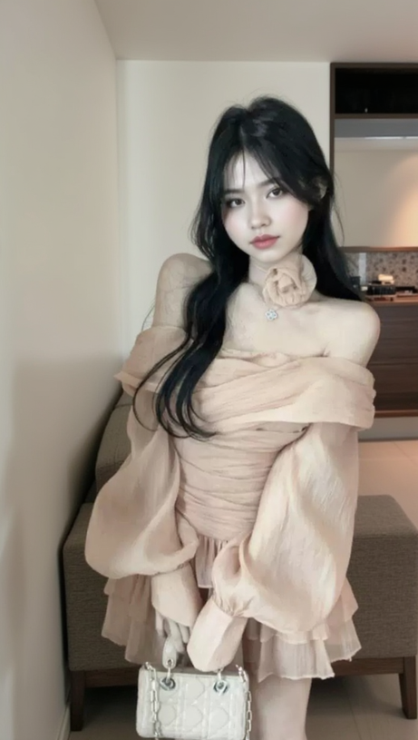 ABITO IN CREPE DI RETE CON MANICHE A SBUFFO E BORDI A VOLANT, COLORE NUDO