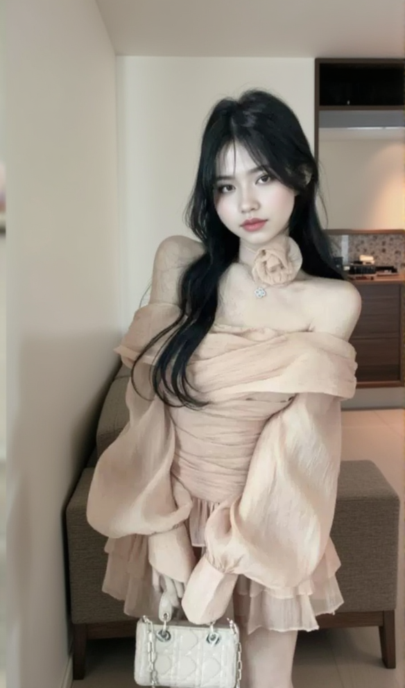 AIIZIE PUFF SLEEVE RUFFLE TRIM MESH CREP DRESS IN NUDE COLOR - product image