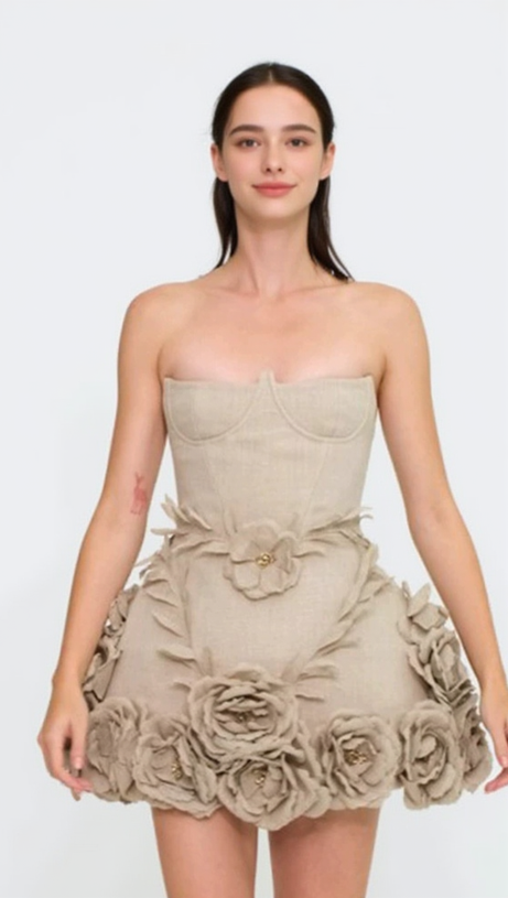SALOME BEIGE LINEN CORSET FLOWER DETAILS MINI DRESS