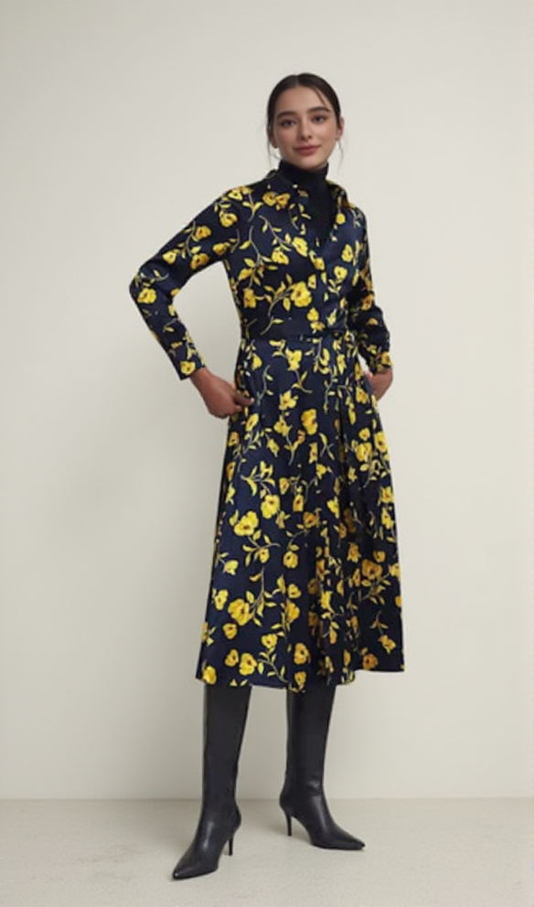 AIIZIE SOPHIA FLORAL SHIRT MIDI DRESS IN NAVY YELLOW - product image