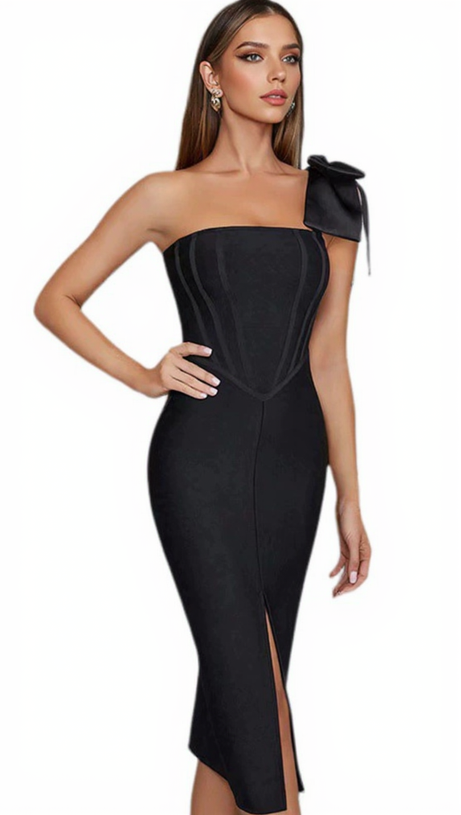 CALISTA BLACK ONE BOW SHOULDER SPLIT BANDAGE MIDI DRESS