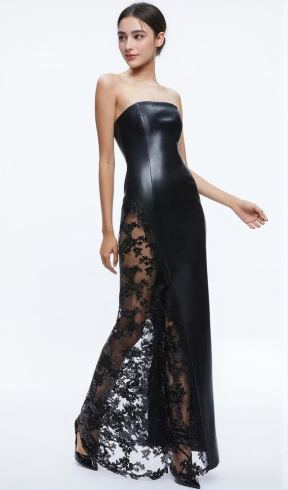 AIIZIE RETHA FAUX LEATHER LACE MAXI DRESS IN BLACK - product image