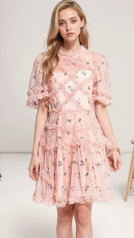 AURORA RUFFLES TULLE MINI DRESS IN PINK