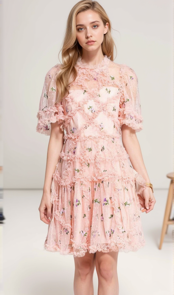 AURORA RUFFLES TULLE MINI DRESS IN PINK