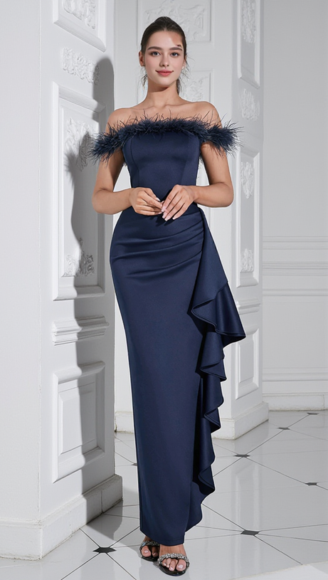 IRENE OFF SHOULDER FEATHER RUFFLE TRIM MAXI DRESS IN DARK BLUE