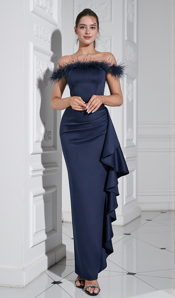 IRENE OFF SHOULDER FEATHER RUFFLE TRIM MAXI DRESS IN DARK BLUE