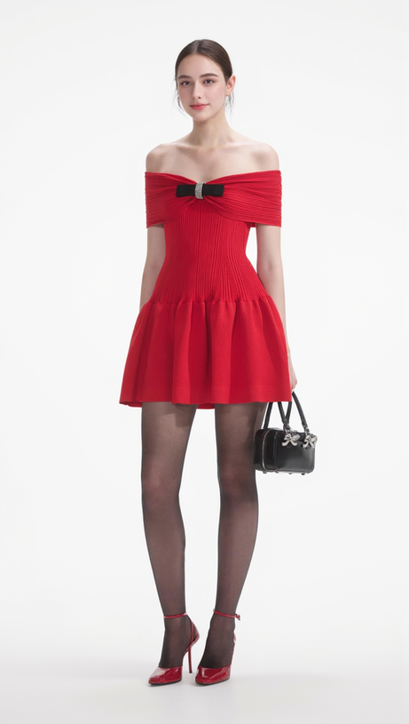 RED OFF-SHOUDER KNIT BOW MINI DRESS
