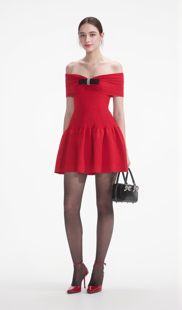 AIIZIE RED OFF-SHOUDER KNIT BOW MINI DRESS - product image