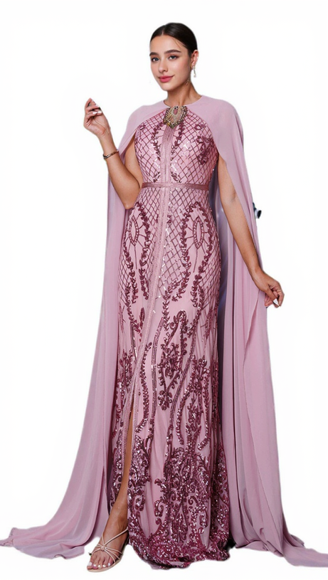 METALLIC EMBELLISHED COLLAR CAPE SLEEVE DRESS IN LIGHT PINK