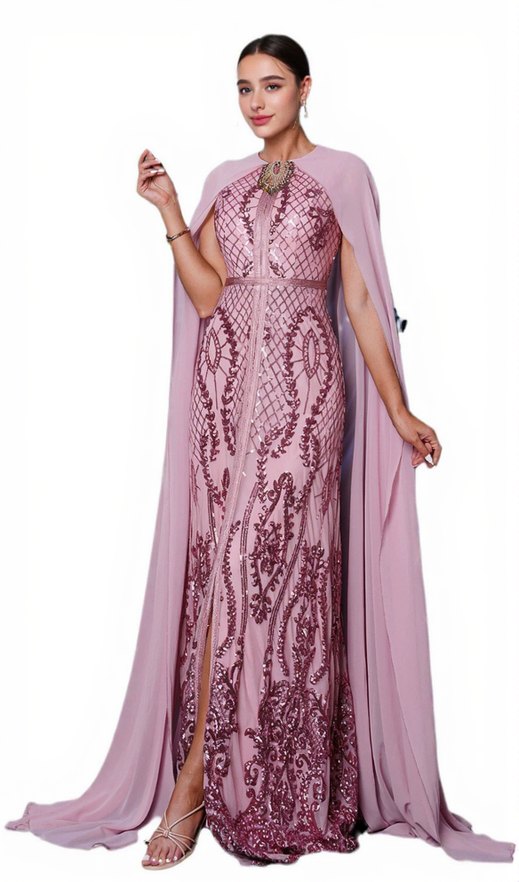 METALLIC EMBELLISHED COLLAR CAPE SLEEVE DRESS IN LIGHT PINK