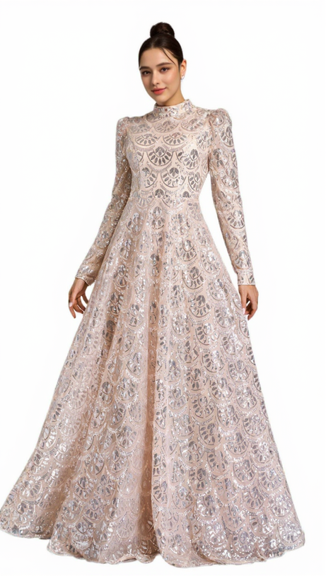 LONG SLEEVE LACE BACK SEQUIN MAXI DRESS IN GOLD