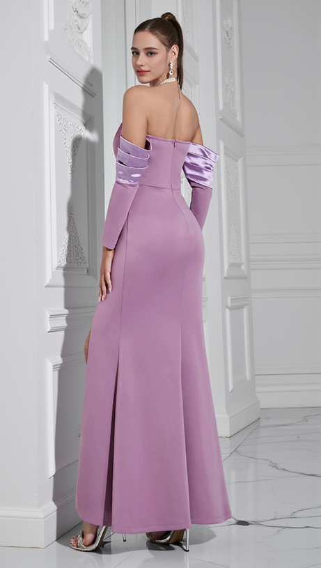 CHARLOTTE OFF-SHOULDER PEARL HALTER  MAXI DRESS IN PURPLE