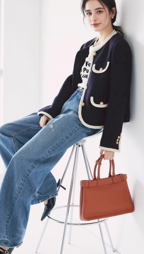 JILL TWEED CONTRAST TRIM JACKET IN NAVY BLUE