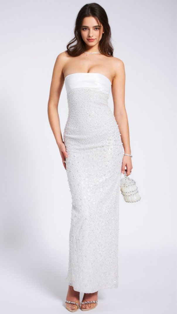 LAINEY WHITE SATIN SEQUIN PEARLS BEADED MAXI DRESS