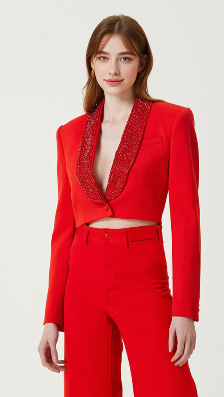 CRYSTAL-EMBELLISHED RED CROPPED BLAZER SET