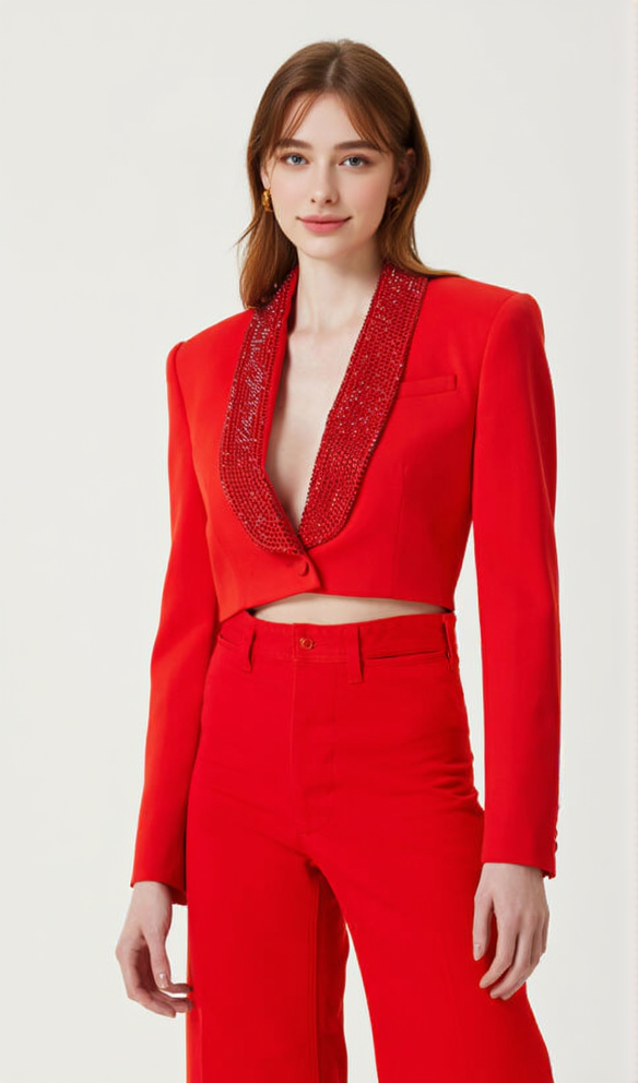 CRYSTAL-EMBELLISHED RED CROPPED BLAZER SET