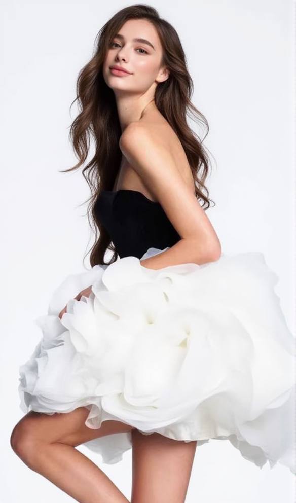 AIIZIE TINA WHITE 3D FLOWERS STRAPLESS BLACK MINI DRESS - product image