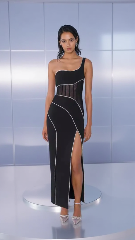 TRACY CRYSTAL STRIPE EMBELLISHED ONE-SHOULDER BLACK MAXI DRESS