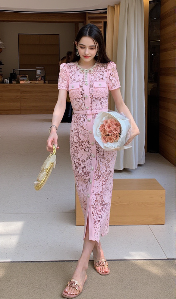 AIIZIE PINK LACE DIAMANTE BOW MIDI DRESS - product image