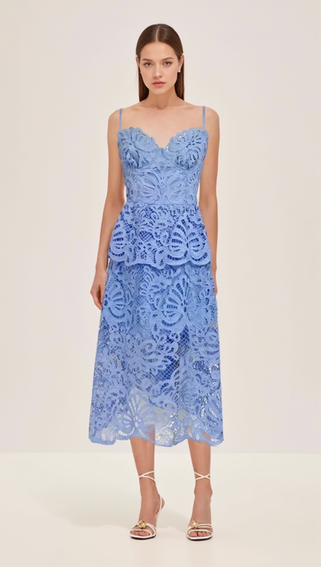 EVELYN CUT OUT LACE LAYERING MIDI DRESS IN BLUE