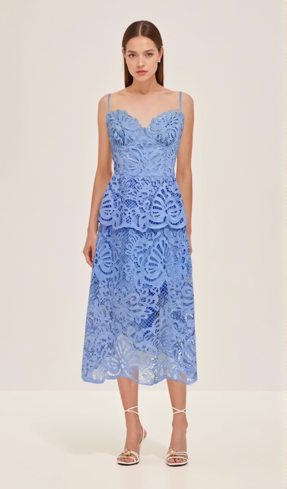 EVELYN CUT OUT LACE LAYERING MIDI DRESS IN BLUE