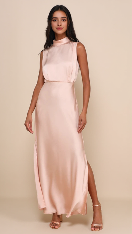 BLUSH SATIN SLEEVELESS MOCK NECK MAXI DRESS