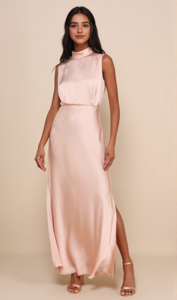 BLUSH SATIN SLEEVELESS MOCK NECK MAXI DRESS