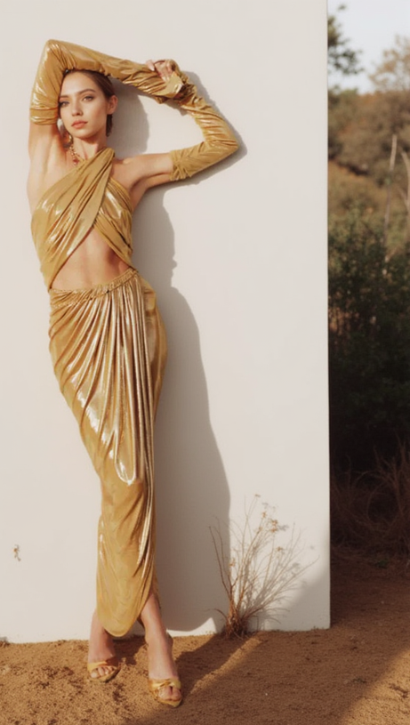 ANILA YELLOW RUCHED LEATHER MIDI DRESS