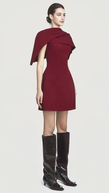 A-LINE BURGUNDY MINI DRESS WITH ASYMMETRICAL SHOULDER PLEAT