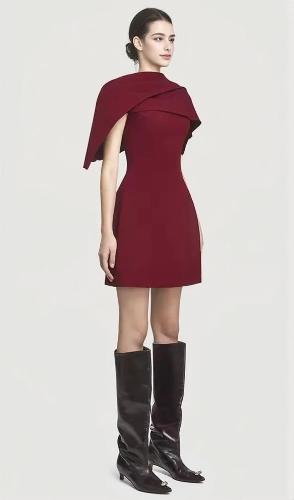 A-LINE BURGUNDY MINI DRESS WITH ASYMMETRICAL SHOULDER PLEAT