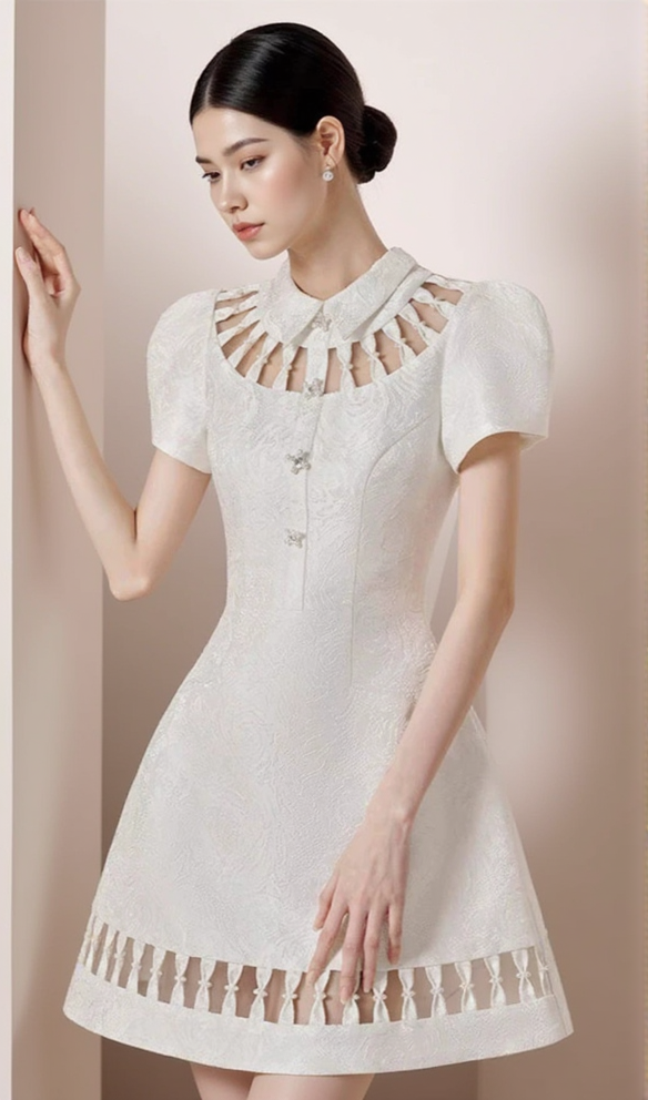 AIIZIE EARTHA WHITE PUFFY HOLLOW BROCADE MINI DRESS - product image