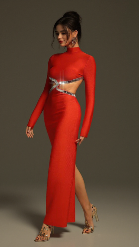 BAGUETTE CRYSTALS SIDE CUTOUTS EMBROIDERED RED CRÊPE MAXI DRESS