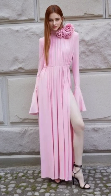 ERIN LANTERN SLEEVE HIGH COLLAR FLOWER SLIT MIDI DRESS IN PINK