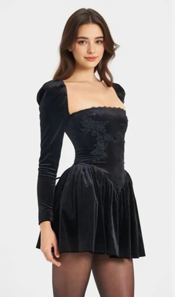 YOLANDA BLACK VELVET LONG SLEEVE MINI DRESS WITH LACE TRIM