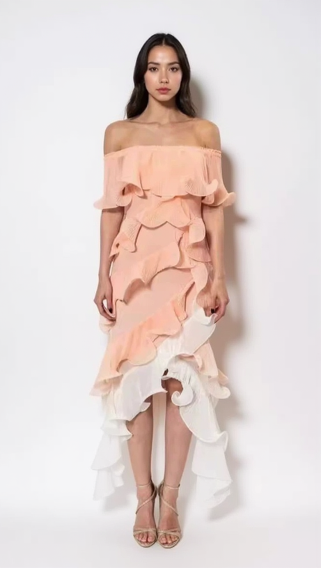 DORA PEACH MULTI OMBRE OFF-SHOULDER PLEATED ORGANZA MAXI DRESS