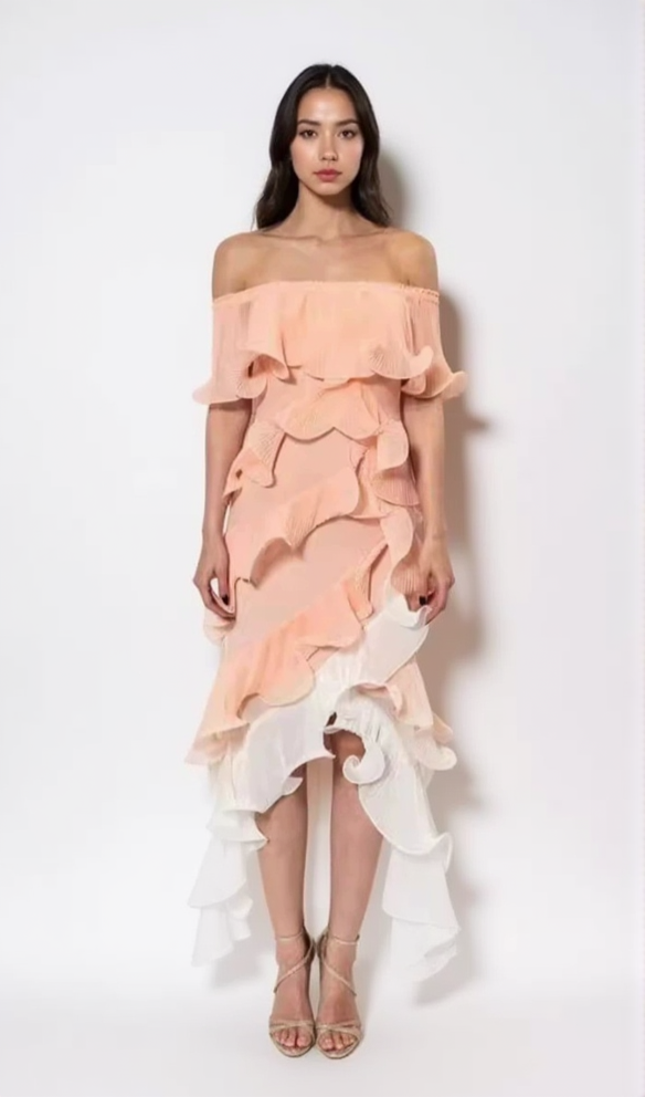 DORA PEACH MULTI OMBRE OFF-SHOULDER PLEATED ORGANZA MAXI DRESS