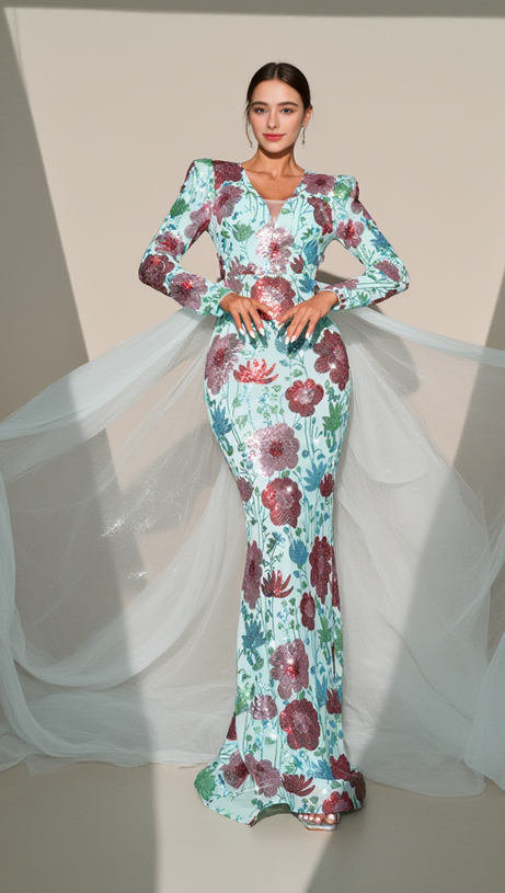 LONG SLEEVE FLORAL PRINT SEQUIN MAXI DRESS IN GREEN