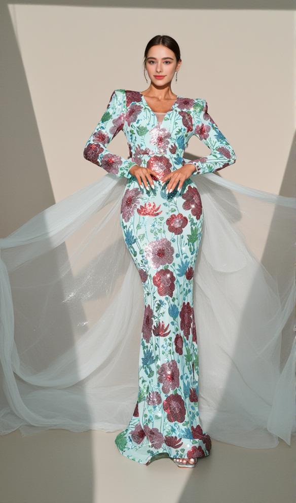 AIIZIE LONG SLEEVE FLORAL PRINT SEQUIN MAXI DRESS IN GREEN - product image