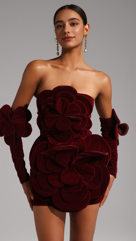 FLOWER-EMBELLISHED VELVET MINI DRESS IN BURGUNDY
