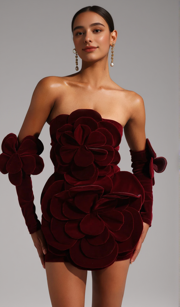 AIIZIE FLOWER-EMBELLISHED VELVET MINI DRESS IN BURGUNDY - product image