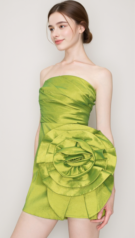SATIN STRAPLESS 3D FLORAS MINI DRESS