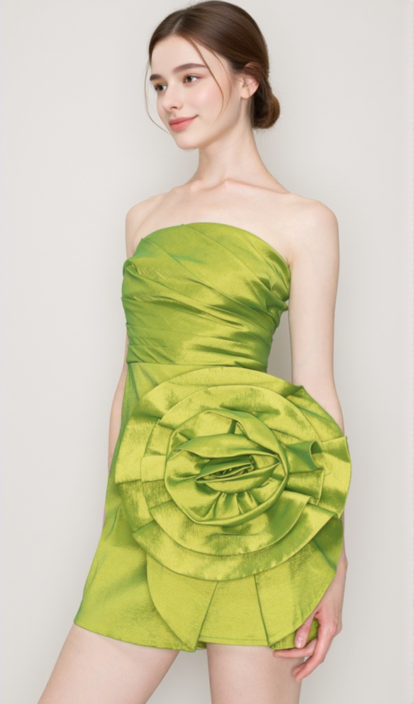 AIIZIE SATIN STRAPLESS 3D FLORAS MINI DRESS - product image