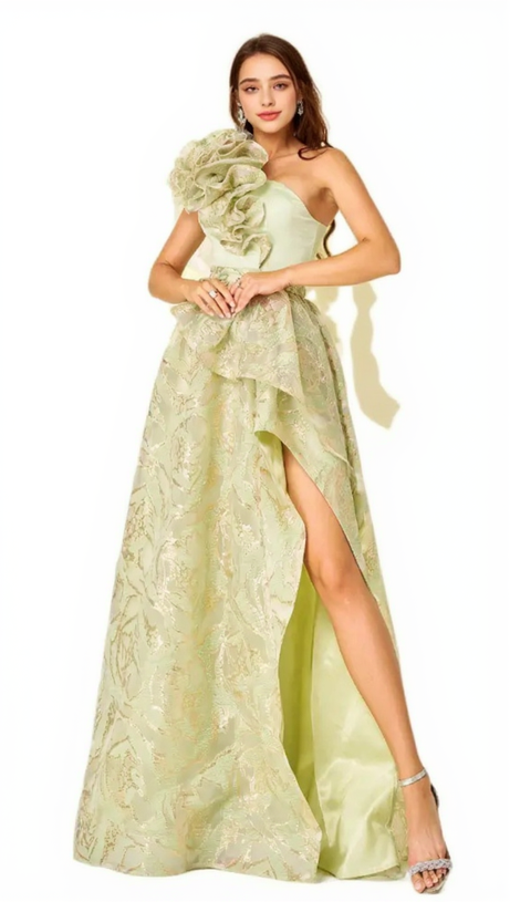 ONE SHOULDER GILDED FLORAL SPLIT DRESS IN GREEN