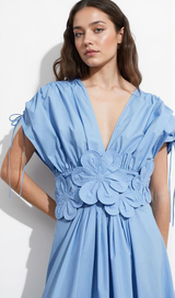 PATCHWORK APPLIQUES MIDI DRESS IN BLUE